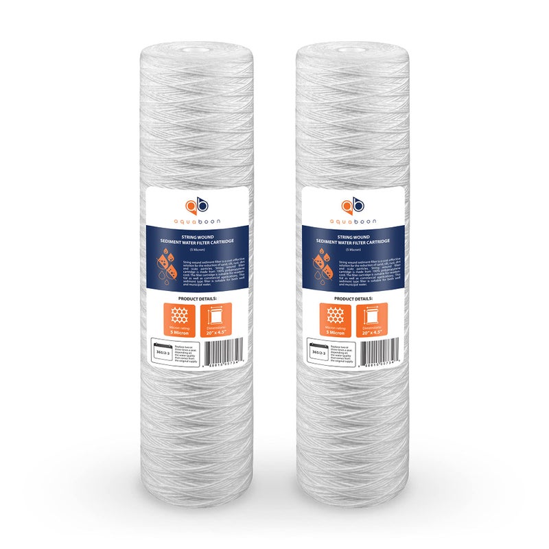 Aquaboon 5 Micron 20 x 4.5 Whole House String Wound Water Filter Replacement Cartridge for Well Water Filtration Compatible with WP5BB20P, 2-Pack - Image 1